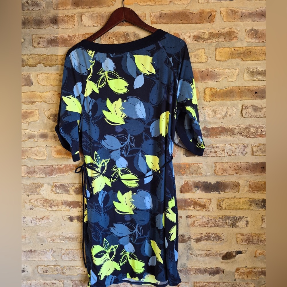 Tahari Navy Dress with Lime and Blue Leaf Print - Picture 7 of 8